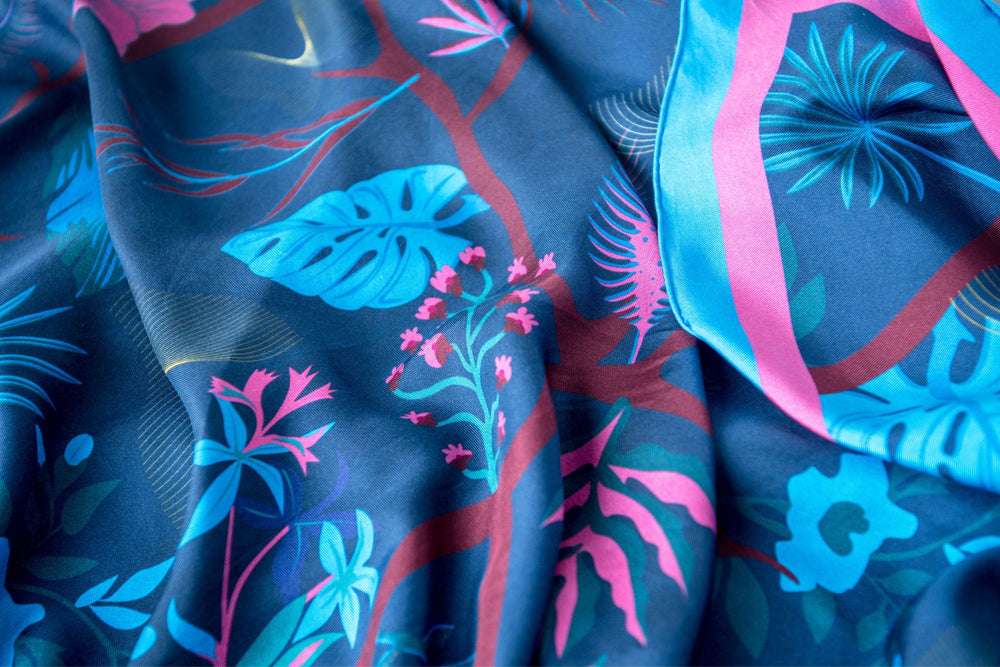 Brilliant blue, pink and wine pure silk scarf with visible hand-rolled edge